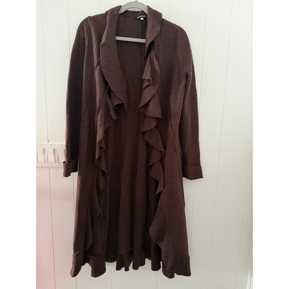 Genia! Brown Boiled Wool Ruffle Open Front Duster Cardigan Jacket Size 1